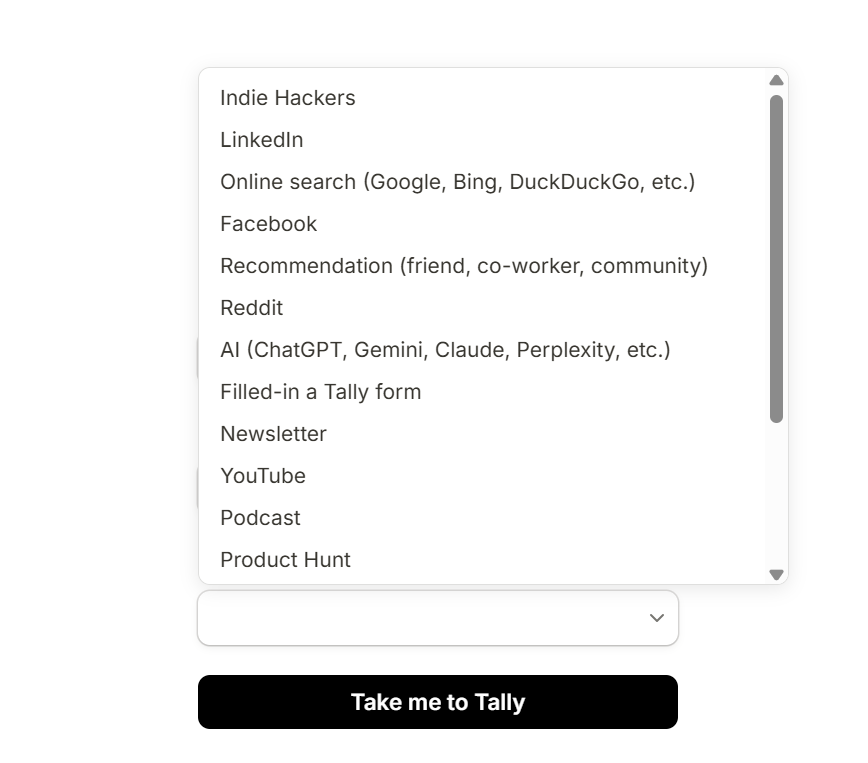 Tally acquisition source dropdown