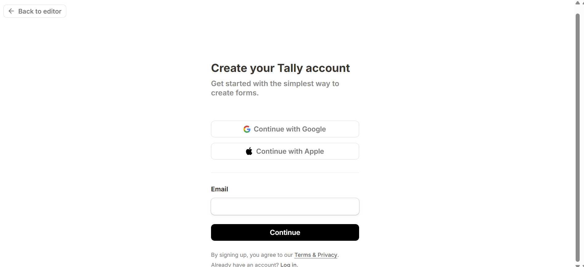 Tally account creation screen